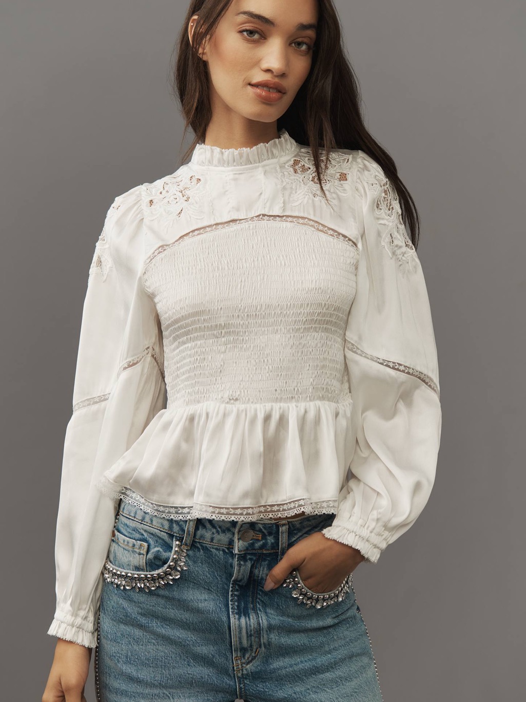 By Anthropologie Long-Sleeve Smocked Blouse